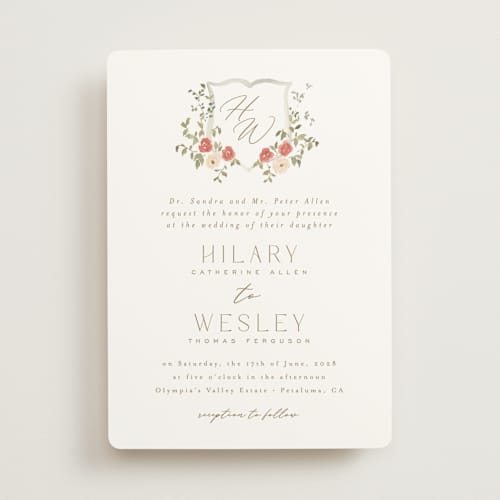This is a pomegranate wedding invitations with standard by Everett Paper Goods called roses crest printing on signature in standard