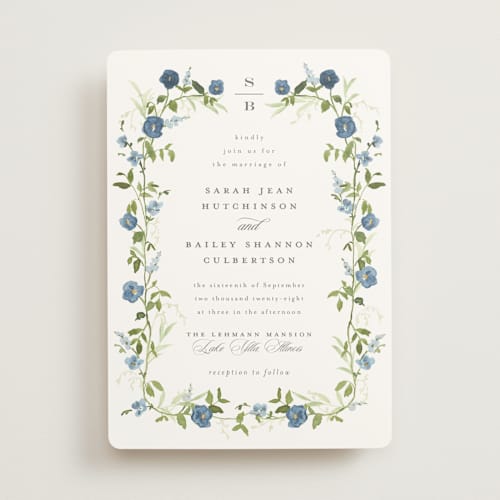 This is a sapphire wedding invitations with standard by Everett Paper Goods called wildflower trellis printing on signature in standard