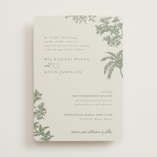 This is a jungle wedding invitations with standard by Jenna Holcomb called vintage tropics printing on signature in standard