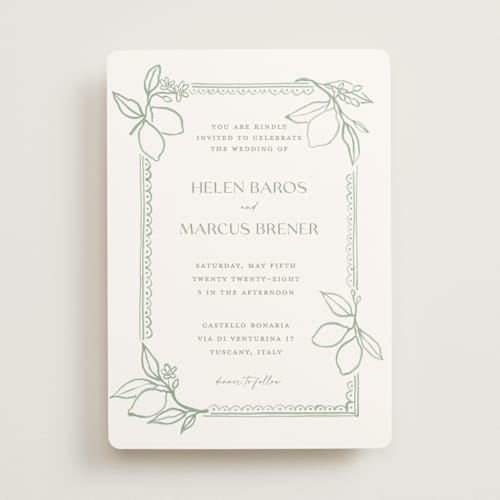 This is a sage wedding invitations with standard by Pati Cascino called mediterraneo printing on signature in standard