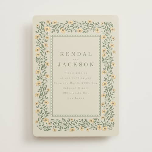 This is a mustard wedding invitations with standard by Baumbirdy called framed floral printing on signature in standard