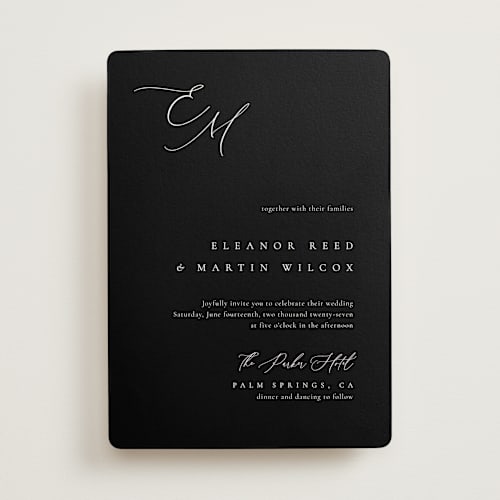 This is a midnight wedding invitations with standard by Kelly Schmidt called corner printing on signature in standard