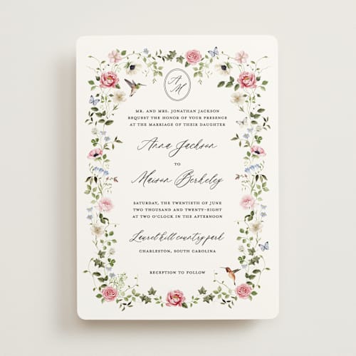 This is a peony wedding invitations with standard by Sarah Knight called ornate printing on signature in standard