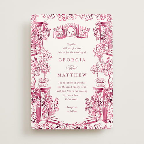 This is a fuchsia wedding invitations with standard by Becky Nimoy called gates and pillars printing on signature in standard