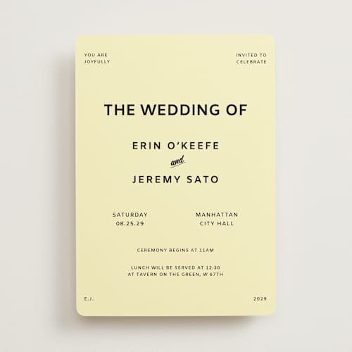 This is a butter wedding invitations with standard by Studio Suku called courthouse printing on signature in standard