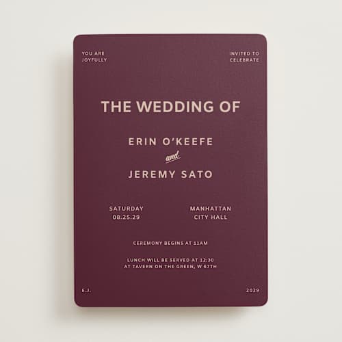 This is a plum wedding invitations with standard by Studio Suku called courthouse printing on signature in standard