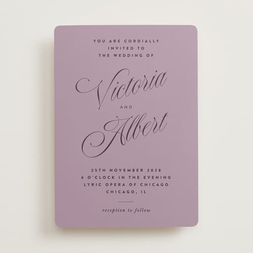 This is a lavender wedding invitations with standard by Nazia Hyder called museum printing on signature in standard