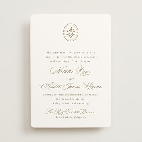 This is a champagne gold wedding invitations with standard by Jennifer Postorino called calia printing on signature in standard