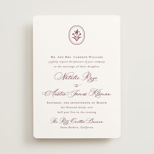 This is a burgundy wedding invitations with standard by Jennifer Postorino called calia printing on signature in standard