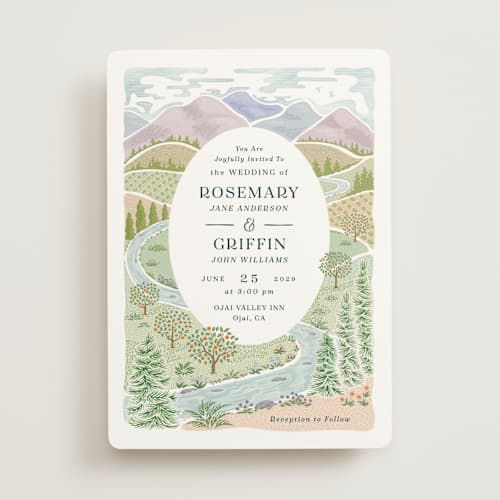 This is a pine wedding invitations with standard by Paper Sun Studio called river valley printing on signature in standard