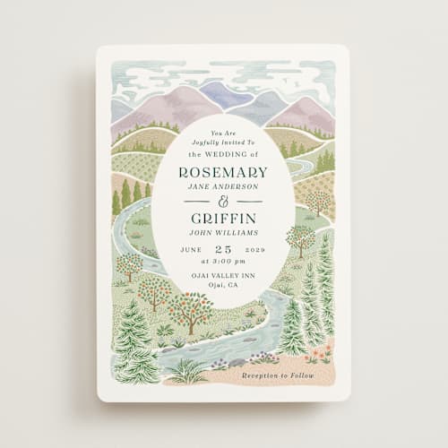 This is a pine wedding invitations with standard by Paper Sun Studio called river valley printing on signature in standard