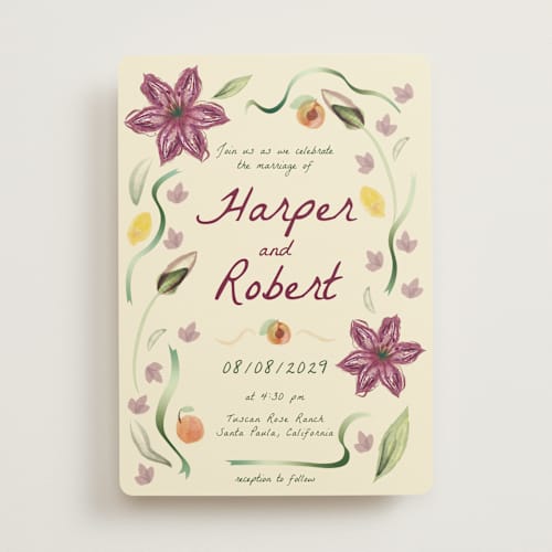 This is a lilac wedding invitations with standard by Emily Miranda called romantic tropical wedding printing on signature in standard