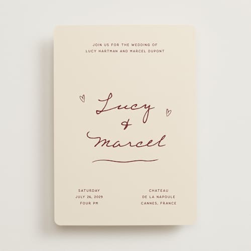 This is a burgundy wedding invitations with standard by Ani Somi called ballpoint suite printing on signature in standard