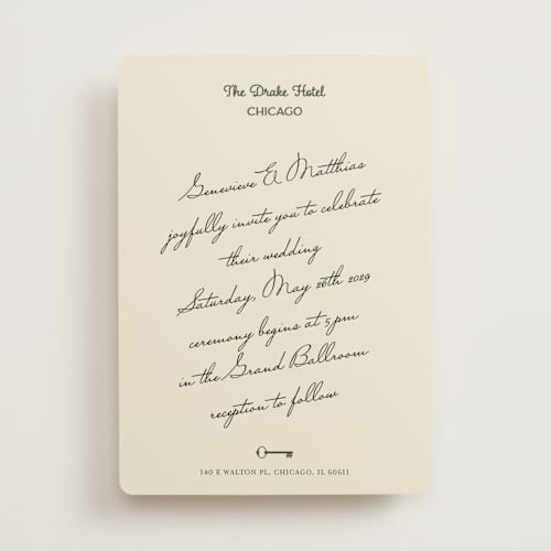 This is a olive wedding invitations with standard by Studio Suku called hotel printing on signature in standard