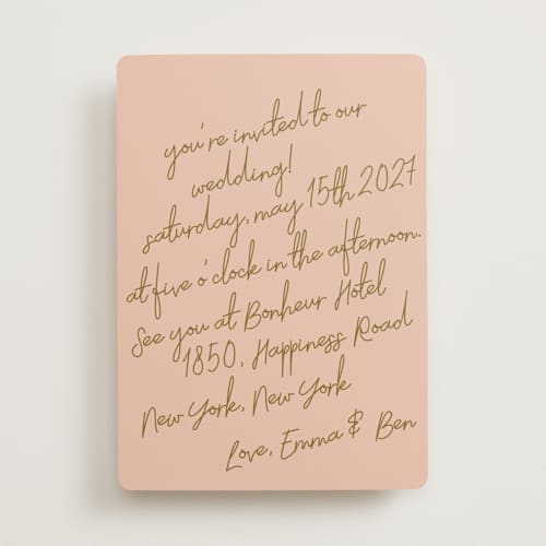 This is a butterscotch wedding invitations with standard by Helena Vitto called handwritten letter printing on signature in standard