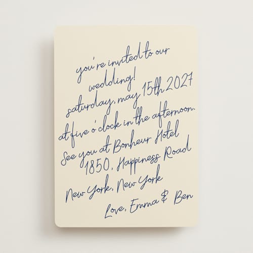 This is a blue velvet wedding invitations with standard by Helena Vitto called handwritten letter printing on signature in standard