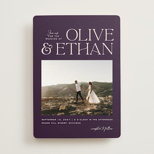 This is a plum wedding invitations with standard by Owl and Toad called casual printing on signature in standard