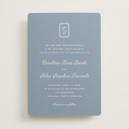 This is a french blue wedding invitations with standard by Carolyn MacLaren called bevel monogram printing on signature in standard