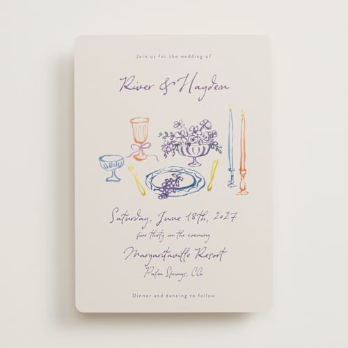 This is a hydrangea wedding invitations with standard by Cass Loh called tablescape drawing printing on signature in standard