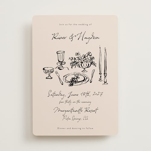 This is a black dahlia wedding invitations with standard by Cass Loh called tablescape drawing printing on signature in standard