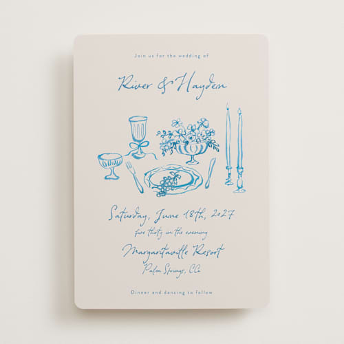 This is a aquatic wedding invitations with standard by Cass Loh called tablescape drawing printing on signature in standard
