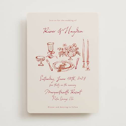 This is a wine wedding invitations with standard by Cass Loh called tablescape drawing printing on signature in standard