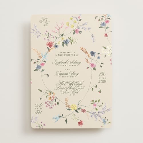 This is a english garden wedding invitations with standard by Phrosné Barwood called whimsey floral printing on signature in standard