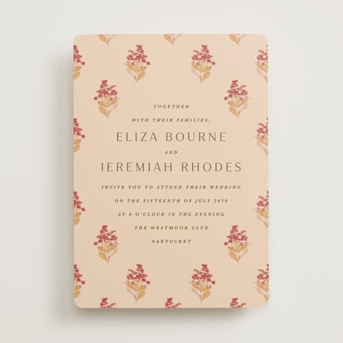 This is a sunset wedding invitations with standard by Olivia Kanaley Inman called blockprint printing on signature in standard