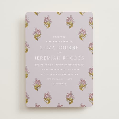 This is a violet wedding invitations with standard by Olivia Kanaley Inman called blockprint printing on signature in standard