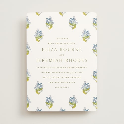 This is a bluebell wedding invitations with standard by Olivia Kanaley Inman called blockprint printing on signature in standard