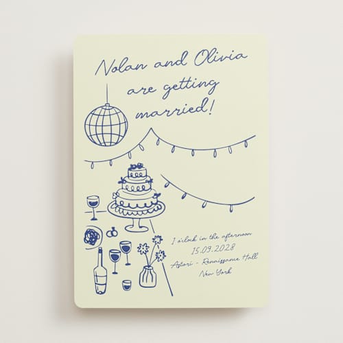 This is a disco blue wedding invitations with standard by Zove Ahhh called party on! printing on signature in standard