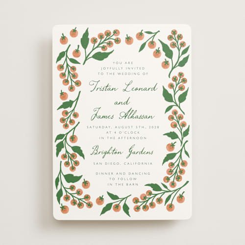 This is a cantaloupe wedding invitations with standard by Katharine Watson called cherry tomatoes printing on signature in standard