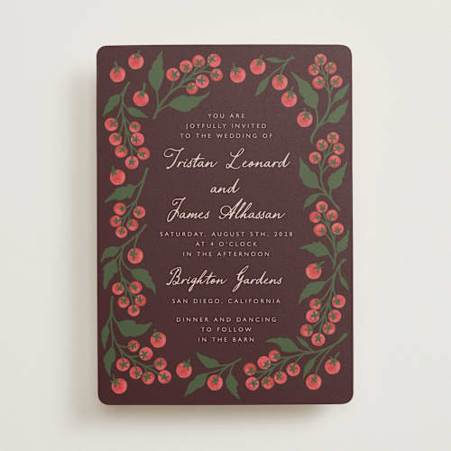 This is a plum wedding invitations with standard by Katharine Watson called cherry tomatoes printing on signature in standard