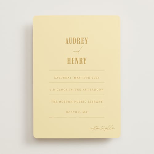 This is a butter wedding invitations with standard by Nazia Hyder called vintage label printing on signature in standard