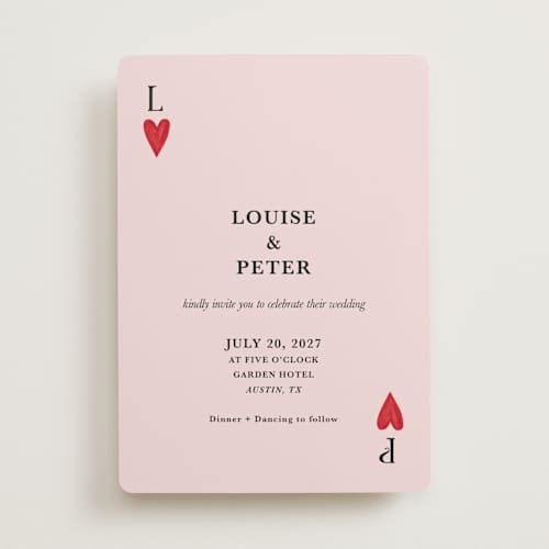 This is a dusty rose wedding invitations with standard by Helena Vitto called red hearts printing on signature in standard