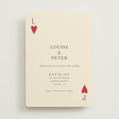 This is a olive wedding invitations with standard by Helena Vitto called red hearts printing on signature in standard