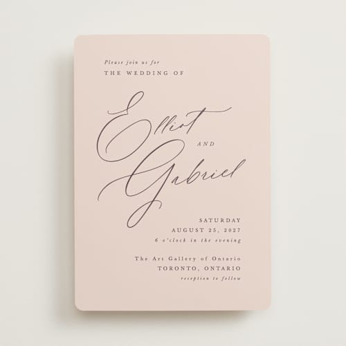 This is a dusty rose wedding invitations with standard by Hooray Creative called scripted names printing on signature in standard