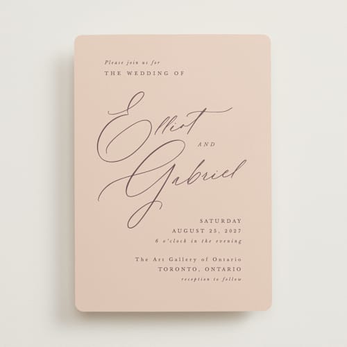 This is a apricot wedding invitations with standard by Hooray Creative called scripted names printing on signature in standard