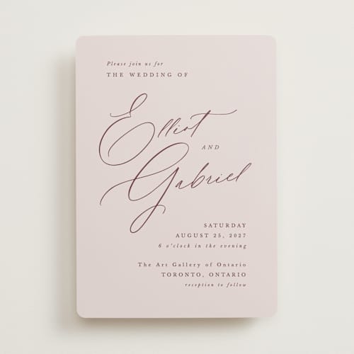 This is a orchid wedding invitations with standard by Hooray Creative called scripted names printing on signature in standard