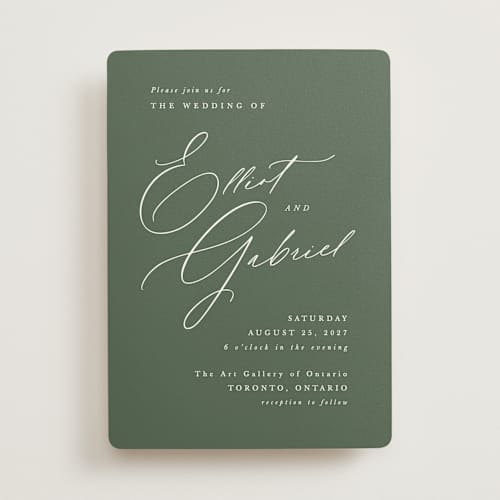 This is a forest wedding invitations with standard by Hooray Creative called scripted names printing on signature in standard