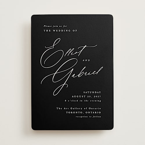 This is a onyx wedding invitations with standard by Hooray Creative called scripted names printing on signature in standard