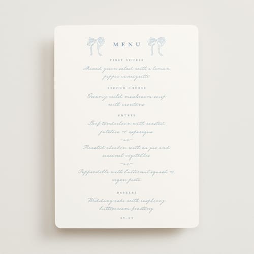This is a lagoon menu cards with standard by Leah Bisch called bow frame printing on signature in 5x7