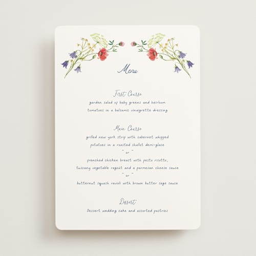 This is a ivory menu cards with standard by frau brandt called wildflower romance printing on signature in 5x7