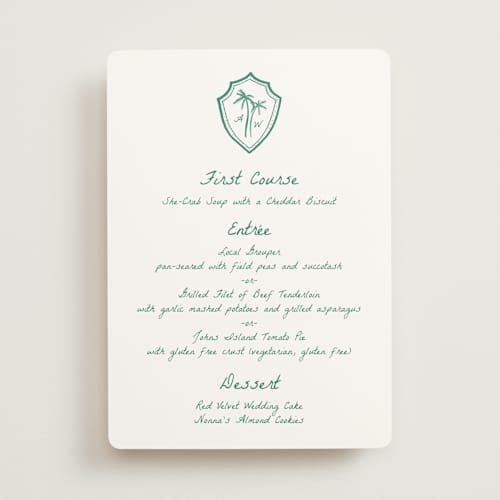 This is a palm menu cards with standard by Erika Firm called palm tree crest printing on signature in 5x7