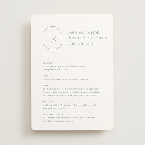 This is a lakeshore blue menu cards with standard by Jennifer Postorino called leighton printing on signature in 5x7