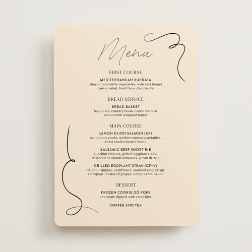 This is a champagne menu cards with standard by Wallace Design Co. called french whimsy script printing on signature in 5x7