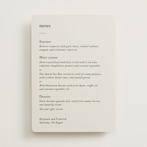 This is a forest menu cards with standard by Bethan called editorial printing on signature in 5x7