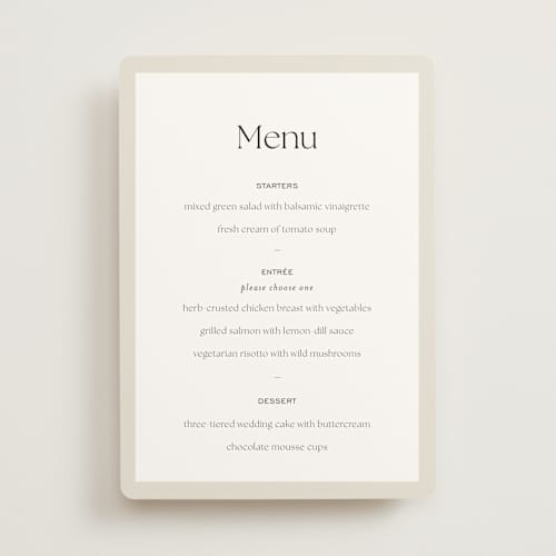 This is a sandstone menu cards with standard by Sara Hicks Malone called monogram edit printing on signature in 5x7