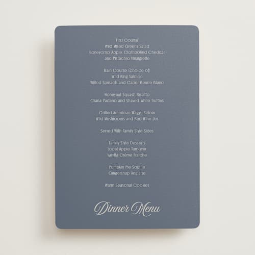 This is a french blue menu cards with standard by Nicoletta Savod called ritzy printing on signature in 5x7