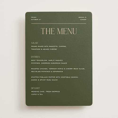 This is a olive menu cards with standard by Pixel and Hank called martini printing on signature in standard